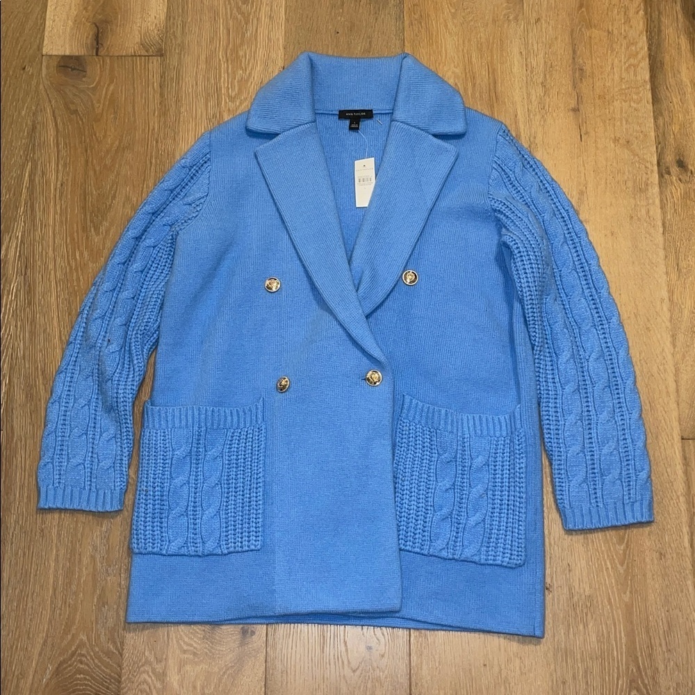 New ann Taylor  blue double breasted sweater jacket w/ gold buttons large